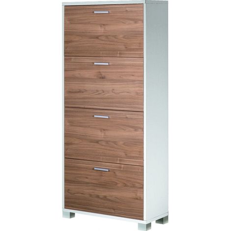 Scarpiera 4 ante in legno bianco fiammato e noce 70x29x154 cm slim