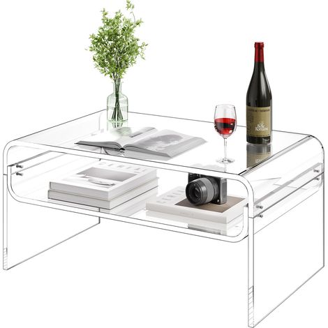 VEVOR Table basse en acrylique, 50 x 80 x 38 cm, table deappoint de salon a 2 niveaux avec etagere de rangement, bout de canape rectangulaire moderne, pour salle a manger, cuisine, bureau, transparent