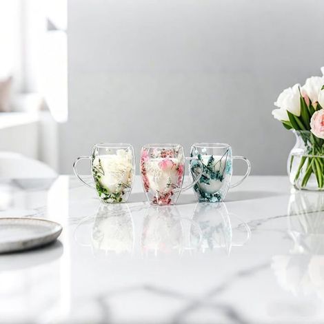 Tasse Verre Double Paroi - Verre Borosilicate 350 ml - Fleurs Séchées Intégrées - Pour Café Thé Latte - Lot de 2 (1/5)