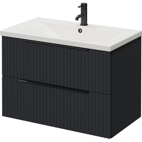 Helix 460 Fluted Satin Anthracite 800mm Wall Mounted 2 Drawer Vanity Unit with Glide Basin