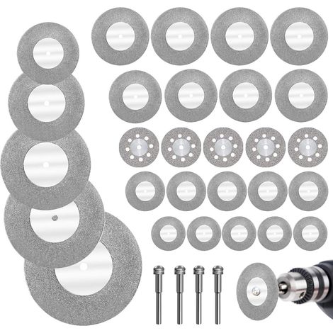 32pcs Mini Disque Diamant avec 4pcs Mandrins Disque à Tronçonner Mini Disques de Coupe pour Verre/Pièrre Précieuse/Bois/Métal/Céramique-16/20/22/25/30/40/50/60mm