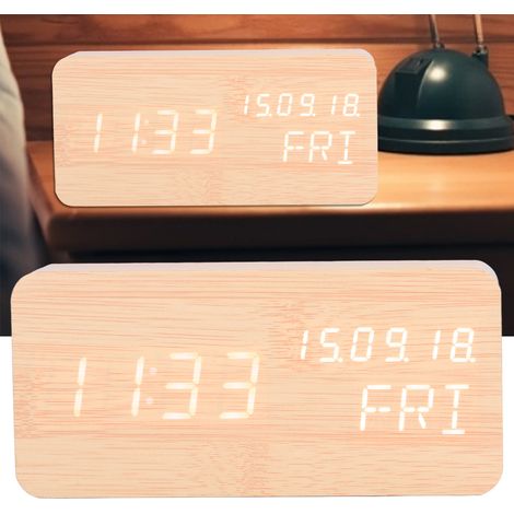 Reloj despertador digital LED con control por voz y 3 niveles de brillo en ABS con aspecto de madera para oficina y sala de estar. (1/5)