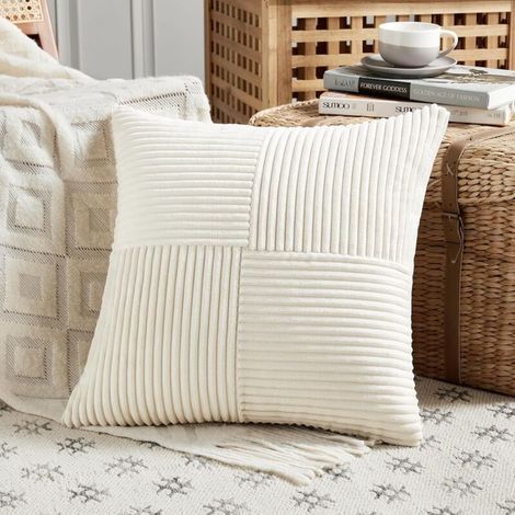 Housses de coussin en velours côtelé blanc crème ultra doux 45 x 45 cm, motif patchwork à rayures, lot de 2 (1/4)