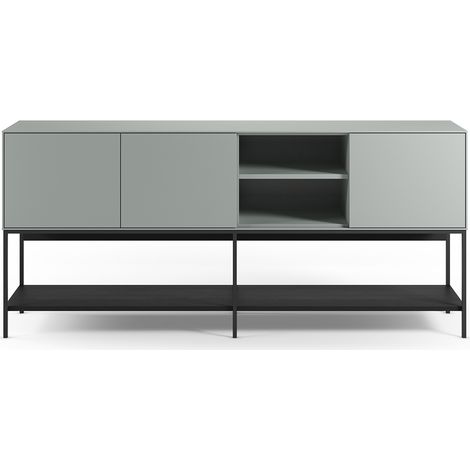 Buffet, meuble de rangement aspect bois avec 3 portes coloris Vert, pieds en métal noir - Longueur 180 x Profondeur 40 x Hauteur 80 cm (1/5)