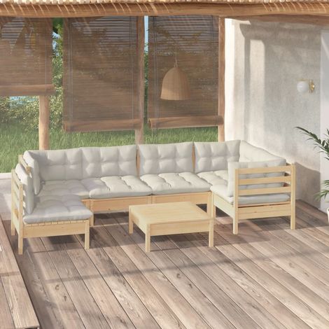 Salon de jardin 7 pcs,Mobilier de terrasse,Table et Chaise pour Relax avec coussins crème Bois de pin -YZ982822 (1/5)