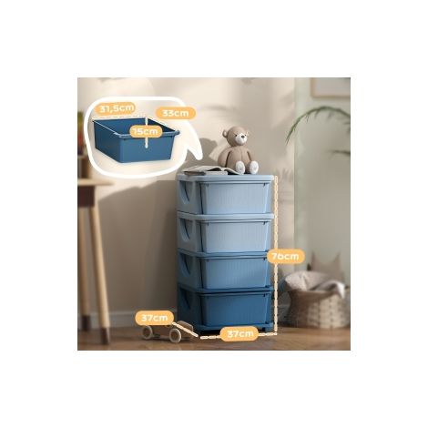 Meuble de rangement enfant bleu en plastique à 4 tiroirs avec bords arrondis et design surélevé pour chambre et salle de jeux (1/5)