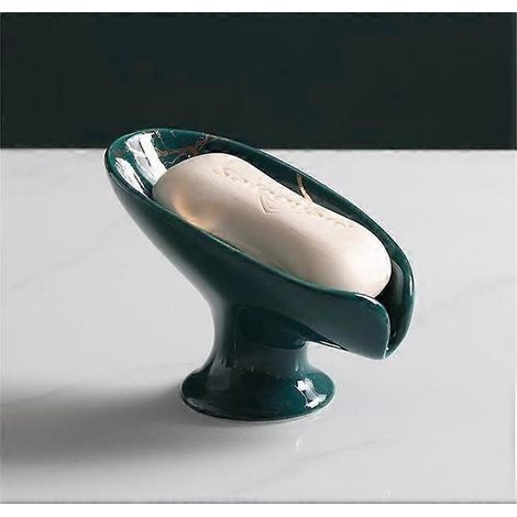 Porte-savon en céramique en forme de feuille avec motif marbre doré, facile à nettoyer, ce porte-savon à drainage automatique garde le savon au sec. (1/5)