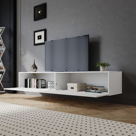 SIRHONA Meuble tv Blanc Espace de rangement Meuble tv suspendu Porte battante design sans poignée 180x40x30cm (1/5)