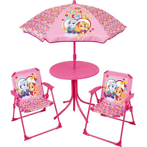 FUN HOUSE PAT'PATROUILLE Salon de jardin - 1 table 46xø46 cm, 2 chaises H.53xl.38,5xP.37,5cm et 1 parasol (1/2)