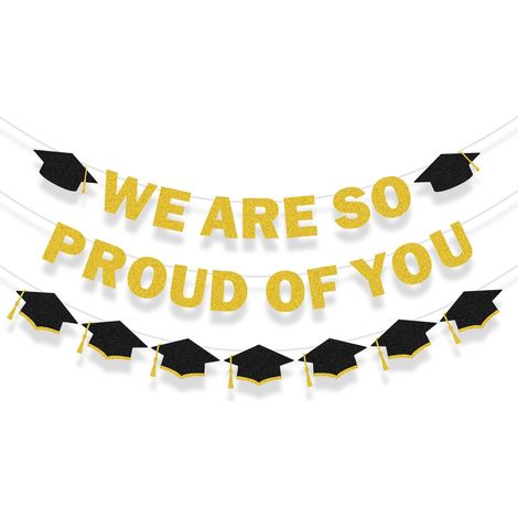 Graduation Decorations 2026: Pre-assembled 2.5m banner with the inscription "We are so proud of you" and graduation caps for your celebrations. Congratulations banner (1/5)