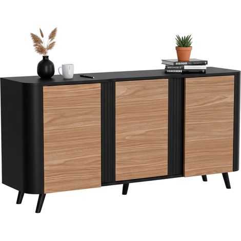 Credenza Loreo, Madia da salotto con tre ante battenti e vani interni, Rialzata da terra, 151x42 h70 cm, Nero e Noce
