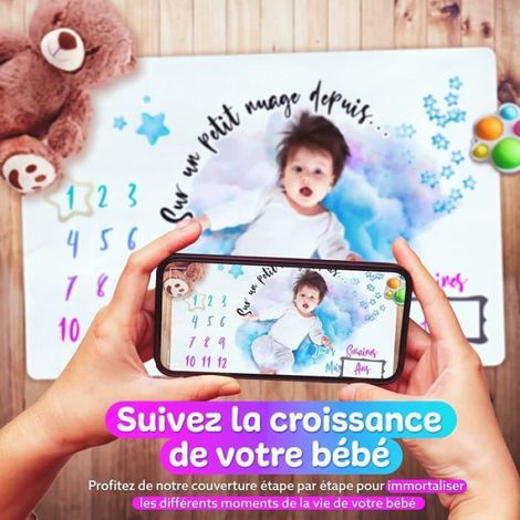 Couverture Etape Bebe Français - Couverture Personnalisée Bébé Naissance - Tapis Mois Cadeau Naissance Garçon/Fille -Carte Etape (1/4)