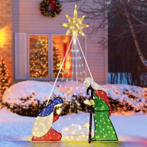 COSTWAY Decorazioni Natalizie Illuminate con 240 Luci LED e 6 modalità di Illuminazione, Scena di Natività Illuminata con Fascette e Picchetti per Interno ed Esterno (Modello 1) (1/5)