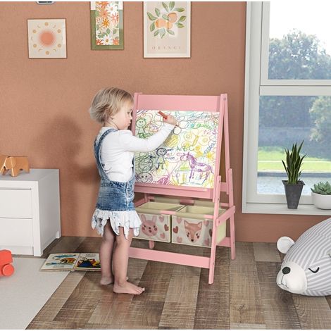 Tableau enfant 3 en 1 avec rangements rose bois HAVRYA (1/4)