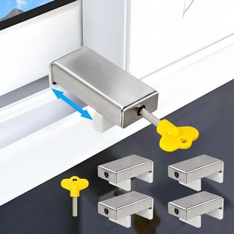 Locks for sliding windows (4 sets), adjustable width 10-60 mm, stainless steel, with key, suitable for the security of vertical and horizontal sliding windows. (1/4)