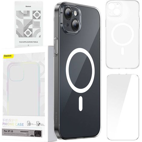 Funda protectora magnética transparente Baseus para iPhone 13 (transparente) + cristal templado + kit de limpieza (1/5)