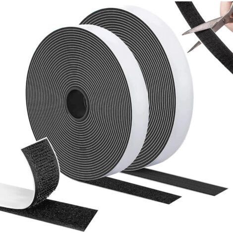 Autocollant adhésif double face extra stark, bande crochet et boucle noir, idéal pour cadre, fenêtre, moustiquaire et bricol, 10 m x 20 mm - (1/4)