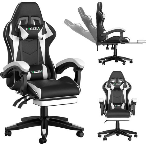 Chaise de gaming de bureau avec repose-pieds ergonomique, pivotant à 90 °, avec coussin lombaire & appuie-tête, réglable en hauteur - Blanc (1/5)