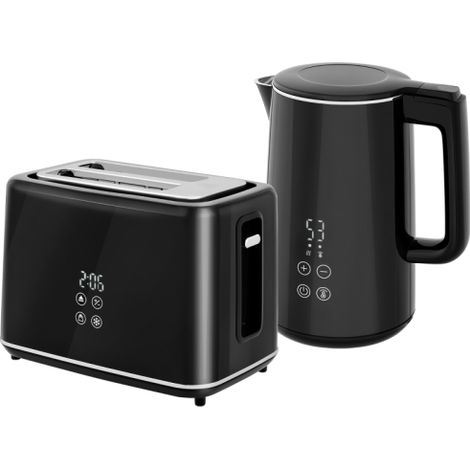 Sleek Black Polished Metal Kettle and Toaster Set for stylish kitchens,perfect for modern home essentials.