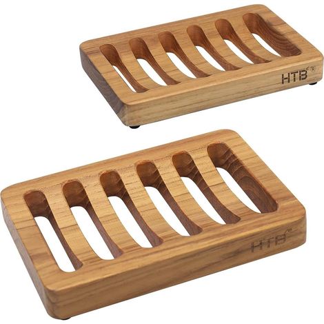 Lot de 2 porte-savon en bois de teck à fente - Porte-éponge de cuisine auto-drainant pour douche, évier, salle de bain, baignoire, camping-car (1/5)