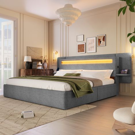 Lit coffre rembourré 180 x 200 cm, lit double avec rangement hydraulique, chevet intégré, port USB et éclairage LED multicolore,gris (1/5)