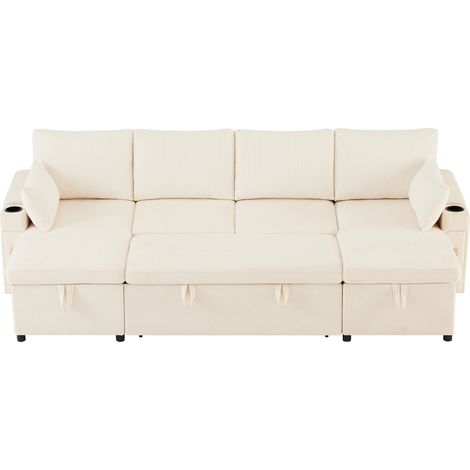 Sofá cama modular en U de 4 plazas con reposabebidas, almacenaje y cojines, beige, HOMVRA