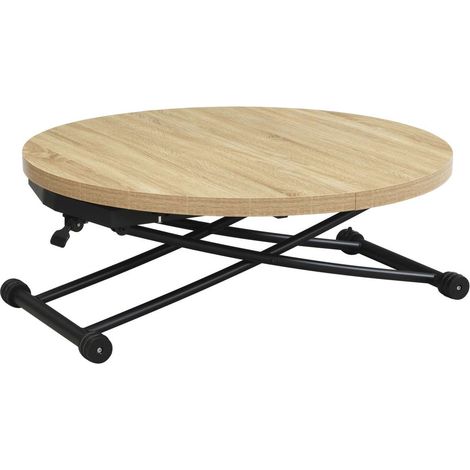 Mesa centro redonda elevable y extensible Gaga acabado oak y negro, 32/79cm(alto) 100cm(largo) 100/140cm(ancho)