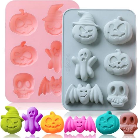 Lot de 2 moules silicone Halloween à alvéoles citrouille, fantôme, chauve-souris et crâne, plateau multi-formes pour chocolat, bonbons gélifiés, gelée, glaçons, savon, cire et projets de pâtisserie ar (1/5)