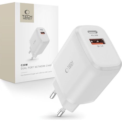 TECH-PROTECT C20W 2-Port-Netzwerkladegerät PD20W/QC3.0 Weiß
