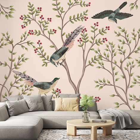 Papier peint panoramique - Fleurs Oiseaux - 130 cm x 104 cm (1/4)