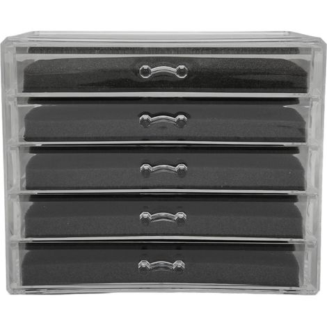 Boîte de rangement à bijoux à 5 tiroirs, étui de bureau transparent en acrylique pour cosmétiques et maquillage. (1/5)