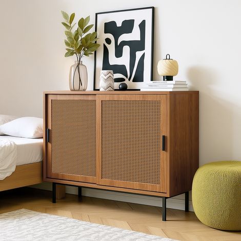 Meubles Cosy – Buffet de rangement 100 cm – 2 portes coulissantes – étagères réglables – panneaux de particules et pieds en bois massif – sécurité enfant (1/5)