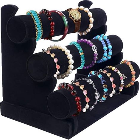 Présentoir à bijoux en velours - 3 rouleaux de rangement - Support pour bracelets et bijoux - Organisateur de bijoux - Noir (1/4)