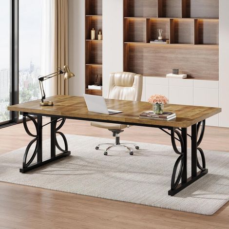 Großer Schreibtisch 180x80cm mit Metallgestell, Industrie Design, Braun & Schwarz (1/5)