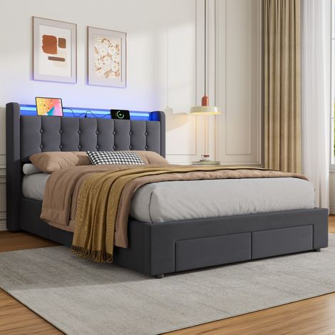 Letto 140x190 cm con contenitore, cassetti, porta USB e illuminazione d'atmosfera in velluto grigio scuro OKMYHOME (1/5)