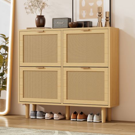 Okwish – Meuble à chaussures en aggloméré chêne avec 4 tiroirs rabattables – Design ajouré en rotin – Dimensions L100/H90/P25 cm – Pour couloirs étroits (1/5)