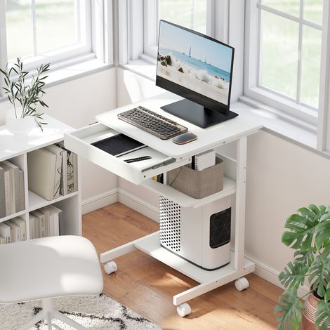 Bureau d'ordinateur sur roues, bureau avec rangement 56 x 51 centimètres avec tiroir, blanc, compartiment et support CPU