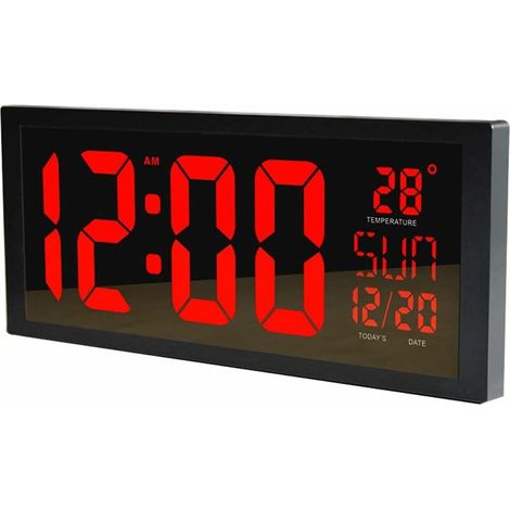 Horloge murale numérique LED silencieuse – Grand affichage avec date, température et calendrier – Installation murale ou sur table – Rouge (1/5)