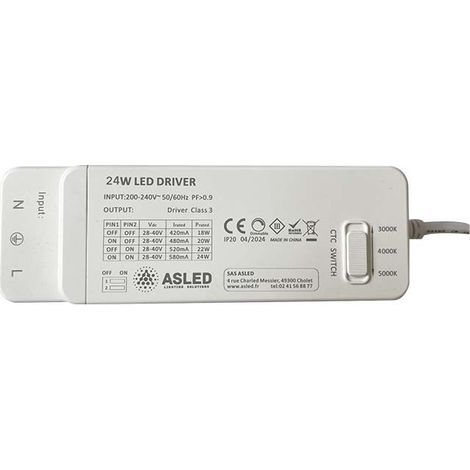 DRIVER SIMPLE COULEUR CHOIX DE PUISSANCE 18/20/22/24W ASLED DRI20WS