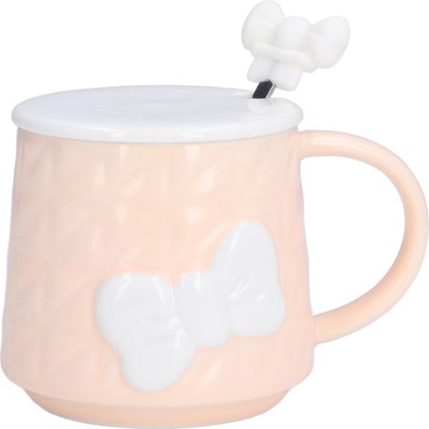 Tasse à thé, lait, eau ou café en céramique avec joli nœud papillon (400 ml), couvercle et cuillère en acier inoxydable. Idéale pour la maison et les cadeaux de Noël. Couleur : orange. (1/5)