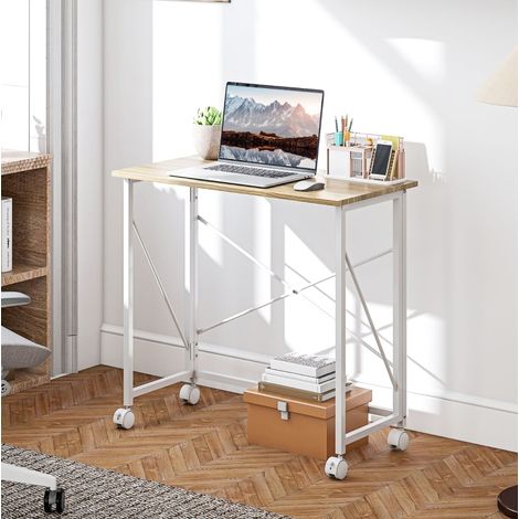 Bureau pliant à roulettes, 80 x 40 x 75 cm, acier et MDF, bois naturel, REDOM (1/5)