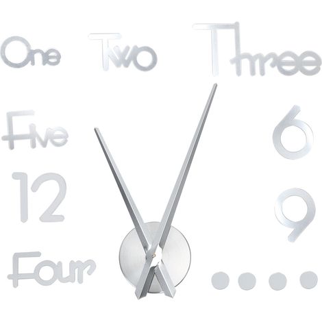 Horloge murale adhésive sans cadre, autocollant miroir à faire soi-même pour la décoration de la maison, du bureau ou de la chambre. Grand format argenté. (1/5)
