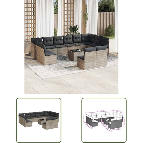 vidaXL 13-tlg. Garten-Sofagarnitur mit Kissen Hellgrau Poly Rattan