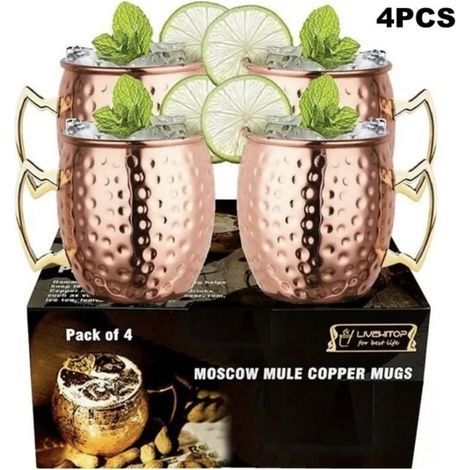Set di 4 bicchieri da cocktail Moscow Mule, circa 500 ml, in rame. Bicchieri da cocktail Moscow Mule, per bevande fredde. (1/4)