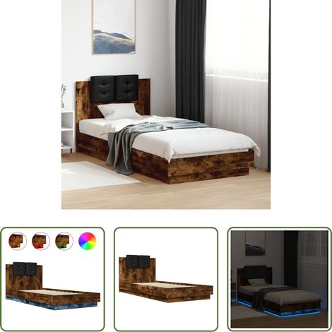 vidaXL LED-Leuchten - Bettgestell mit Kopfteil und LED-Leuchten Räuchereiche 90x200cm (1/5)