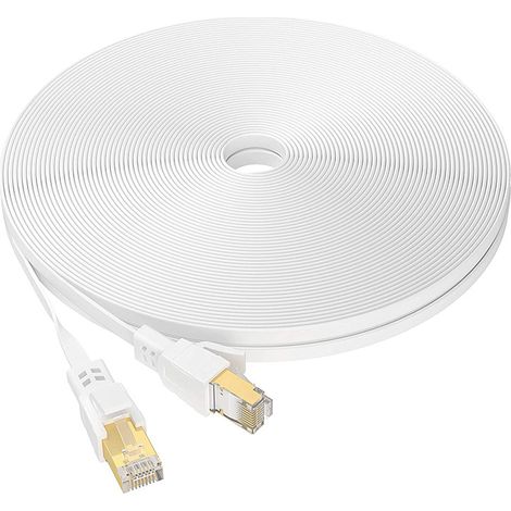 Cavo Ethernet Cat 8 da 10 m, cavo di rete LAN Gigabit RJ45 piatto ad alta velocità, cavo patch Internet da 40 Gbps 2000 MHz per switch, router, modem, pannello patch, PC (bianco) (1/5)