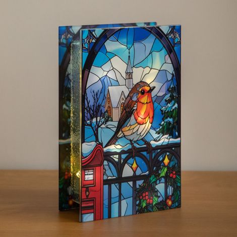 21cm Light Up Stained Glass Christmas Robin Decoration with LEDs (1/5)