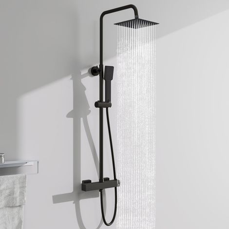 AICA Thermostat Duschsystem, Regendusche mit Thermostatarmatur, quadratisches Duschset mit Kopfbrause, Handbrause und höhenverstellbarer Duschsäule, Schwarz