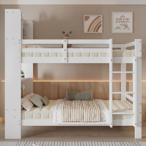 DESMIU Lit superposé 90 × 200 cm 2 places avec étagères, échelle droite 3 marches et rangement, sans matelas, blanc (1/5)