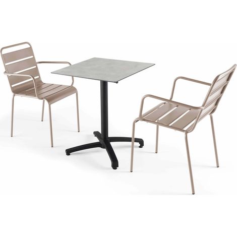 Ensemble table 60 cm gris clair et 2 fauteuils en métal taupe (1/5)